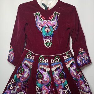 Irish Dance Dress Traditional Folk Step Girls Velvet Maroon  Dress (U25)
